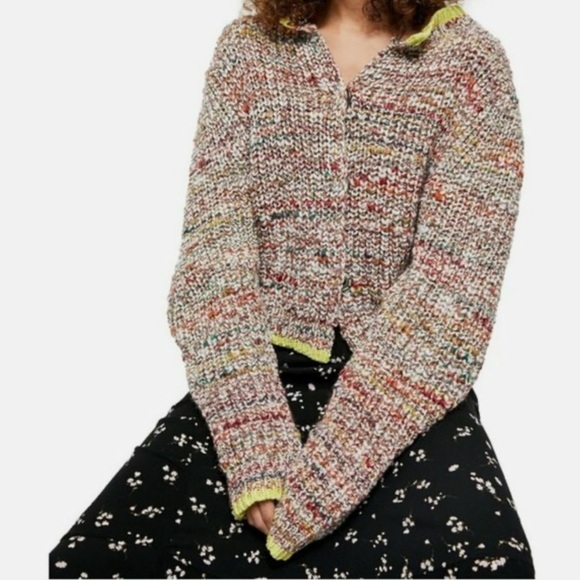 Free People Multicolor Chunky Knit Cardigan Neon Trim Slouchy Fit Size L Boho - Picture 2 of 15